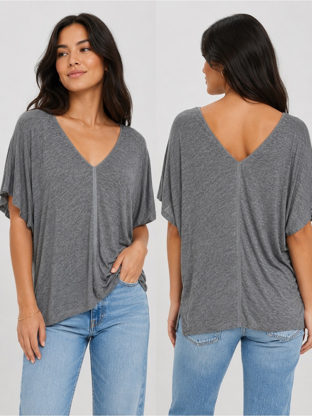 Vince Heather Gray V-Neck Tunic Silk Size Medium NWT Draped Dolman Sleeve Knit